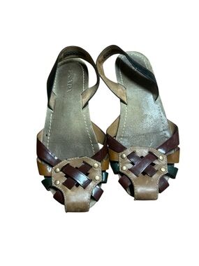 Prada Brown, Burgundy and Green Leather Woven Sandals